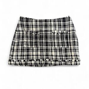 Zara Black and White Tweed Plaid Mini Skirt with fringe at the bottom